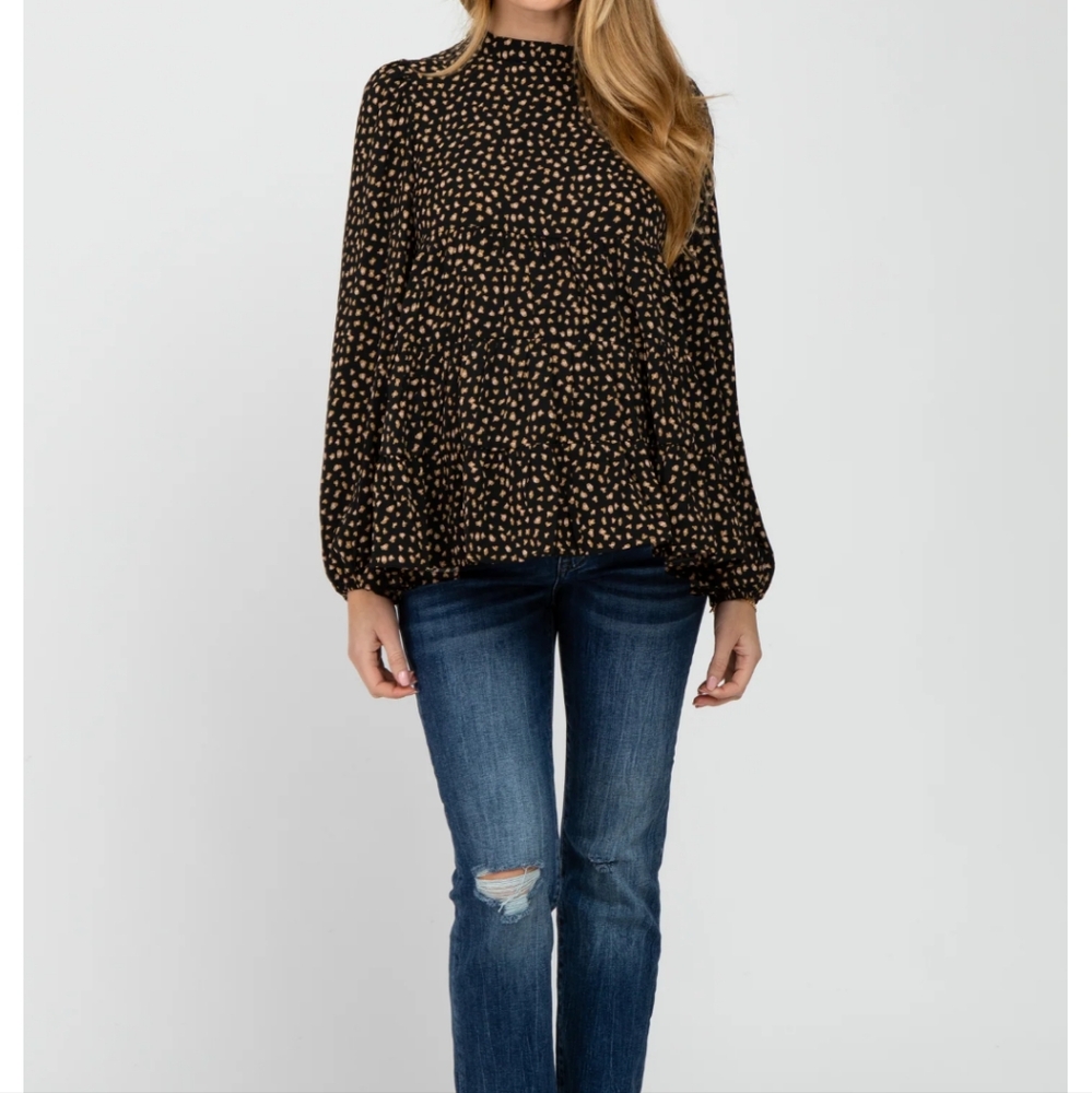 Black Animal Print Mock Neck Tiered Maternity Top